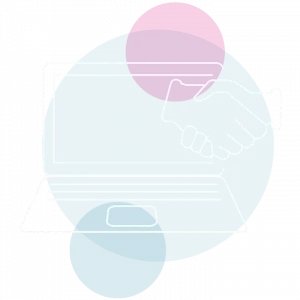 Picto serrage de main devant ordinateur